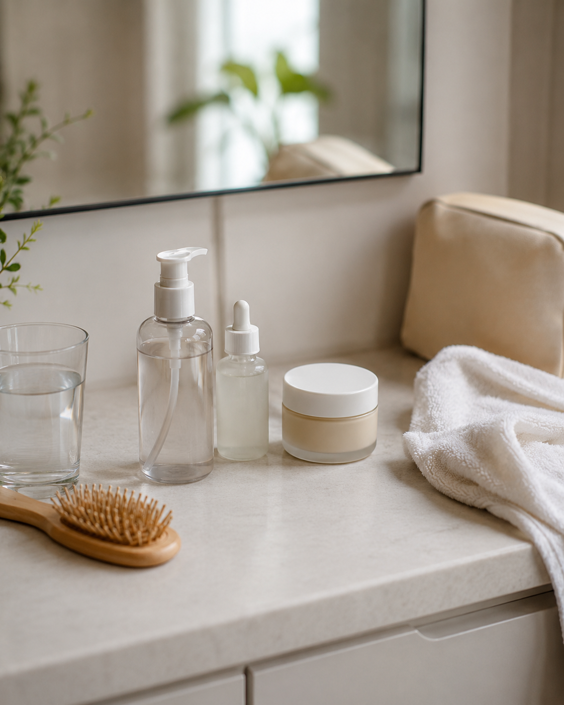 Produtos de skincare sobre bancada clara