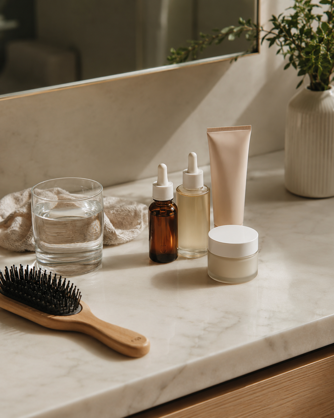 Produtos de skincare organizados sobre bancada clara