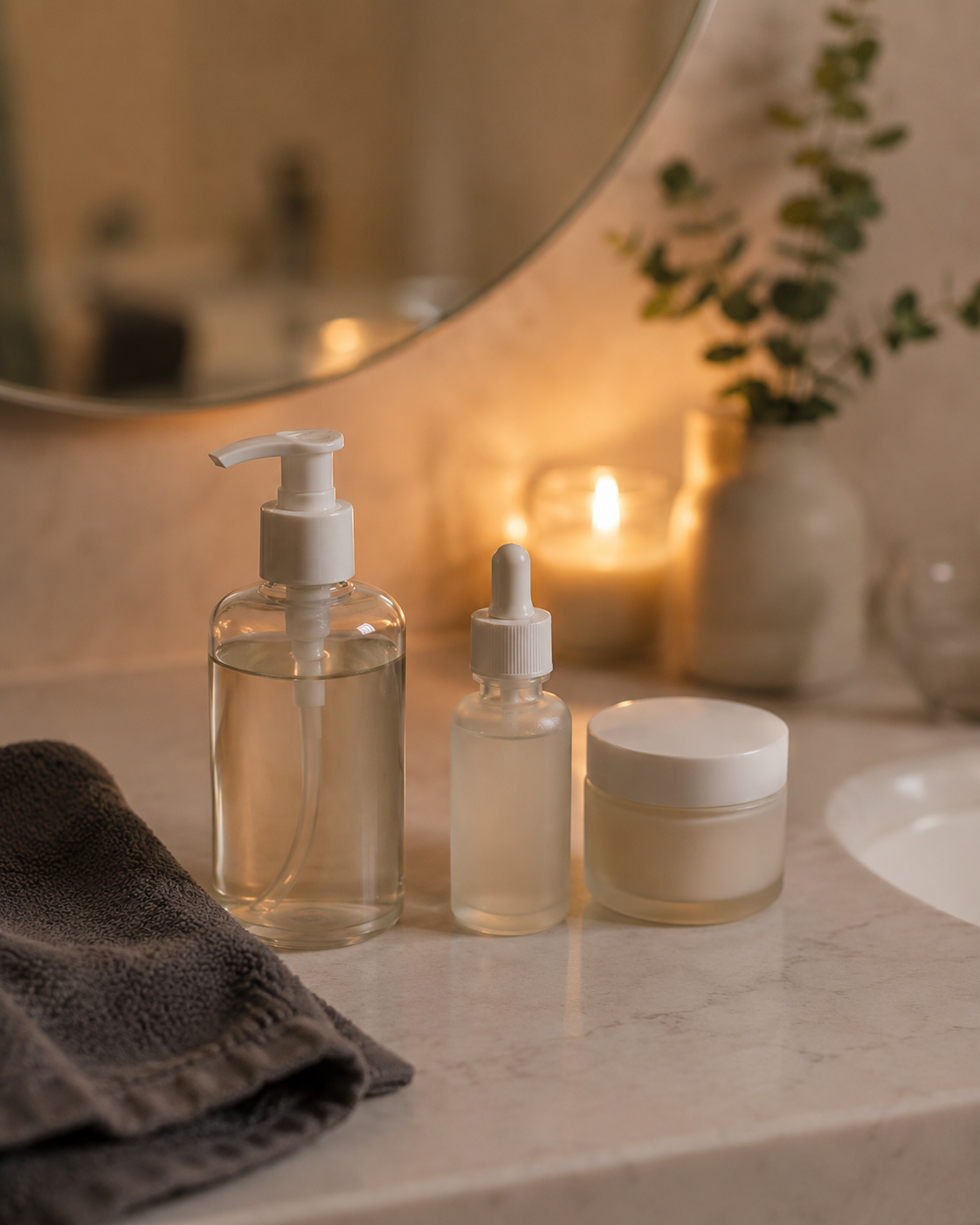 Produtos de skincare em rotina noturna sobre bancada